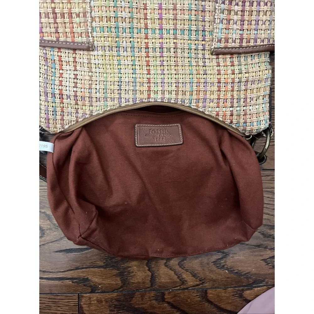 Fossil Straw Woven Hobo Bag Multicolor Leather Trim Summer Boho Purse
